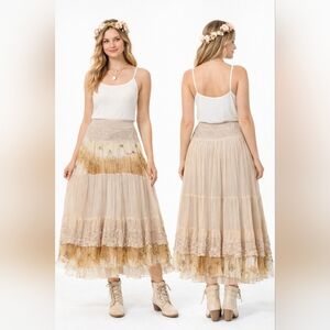 SHARON MAX Skirt Womens Large Beige Gold Tiered Lace Midi Boho Ethereal Whimsy